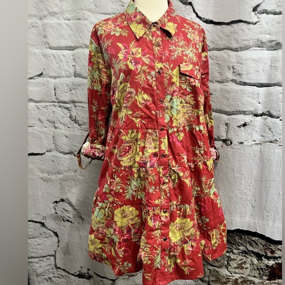 Tasha Polizzi Rusty Red Romantic Western Style Floral Dress with Pearl Snaps "L"